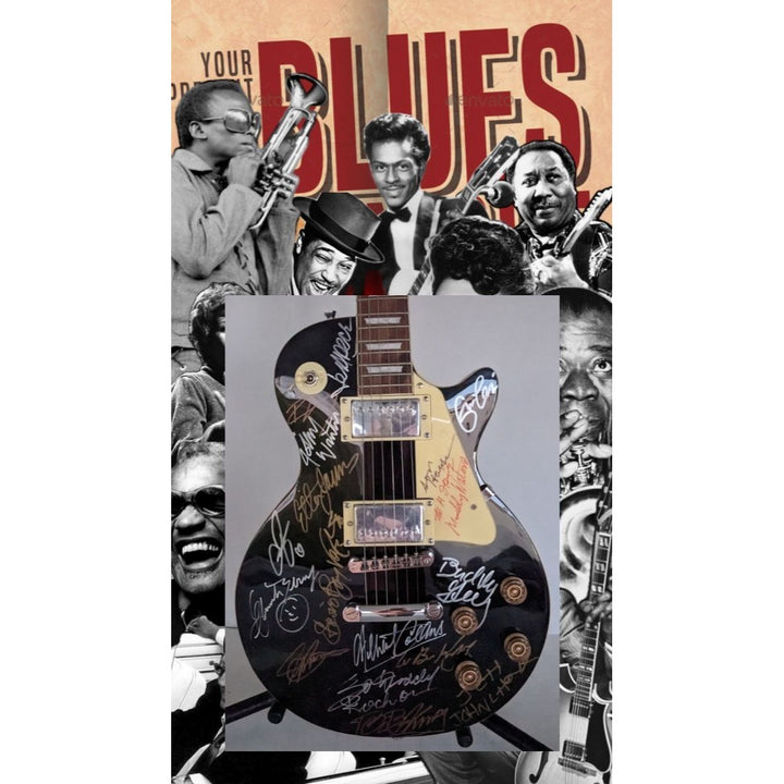 Blues legends Stevie Ray Vaughan, BB King, Chuck Berry, Muddy Watters, Eric Clapton black les paul electric guitar signed with proof