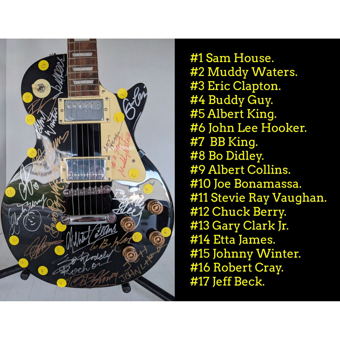 Blues legends Stevie Ray Vaughan, BB King, Chuck Berry, Muddy Watters, Eric Clapton black les paul electric guitar signed with proof