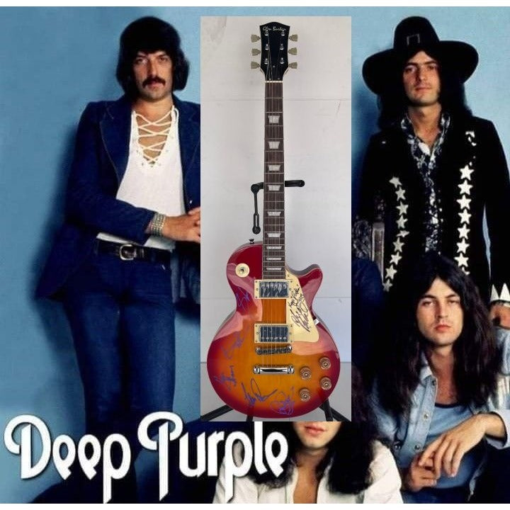 Deep Purple Ian Gillen, Richie Blackmore, Jon Lord, Ian Paice and Roger Glover vintage les paul signed with proof.