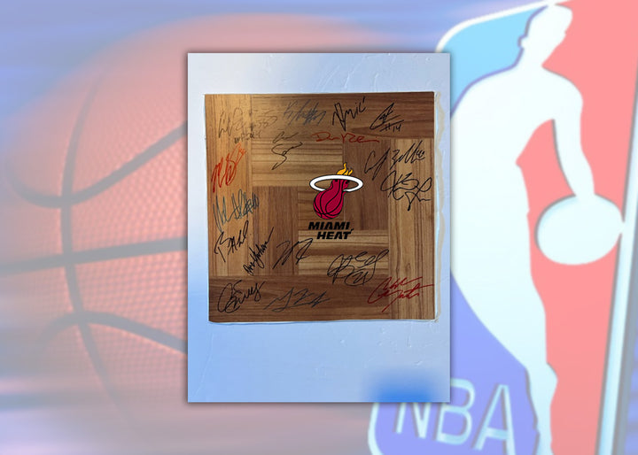 Miami Heat 2022-23 Jimmy Butler Alonzo Mourning, Bam Adebayo, Pat Riley parque wood floorboard signed with proof