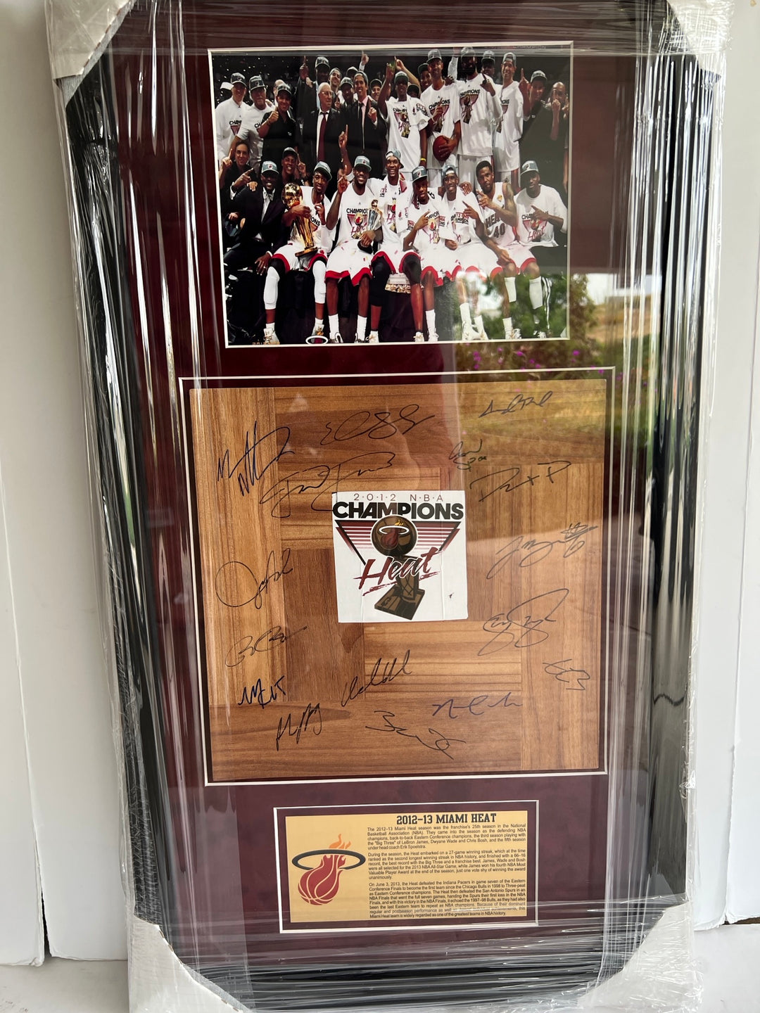 Miami Heat LeBron James, Dwyane Wade, Pat Riley, Erik Spoelstra NBA champions 2012-13 team parquet floorboard signed & framed 32x18 with proof