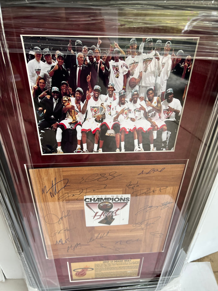 Miami Heat LeBron James, Dwyane Wade, Pat Riley, Erik Spoelstra NBA champions 2012-13 team parquet floorboard signed & framed 32x18 with proof