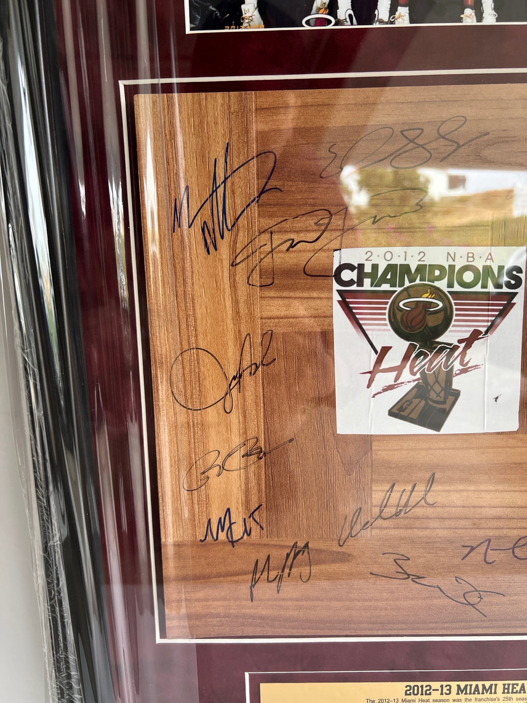 Miami Heat LeBron James, Dwyane Wade, Pat Riley, Erik Spoelstra NBA champions 2012-13 team parquet floorboard signed & framed 32x18 with proof