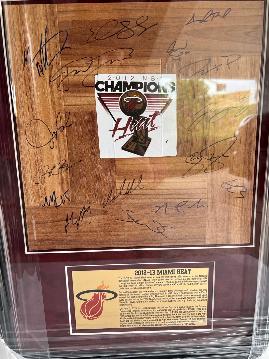 Miami Heat LeBron James, Dwyane Wade, Pat Riley, Erik Spoelstra NBA champions 2012-13 team parquet floorboard signed & framed 32x18 with proof