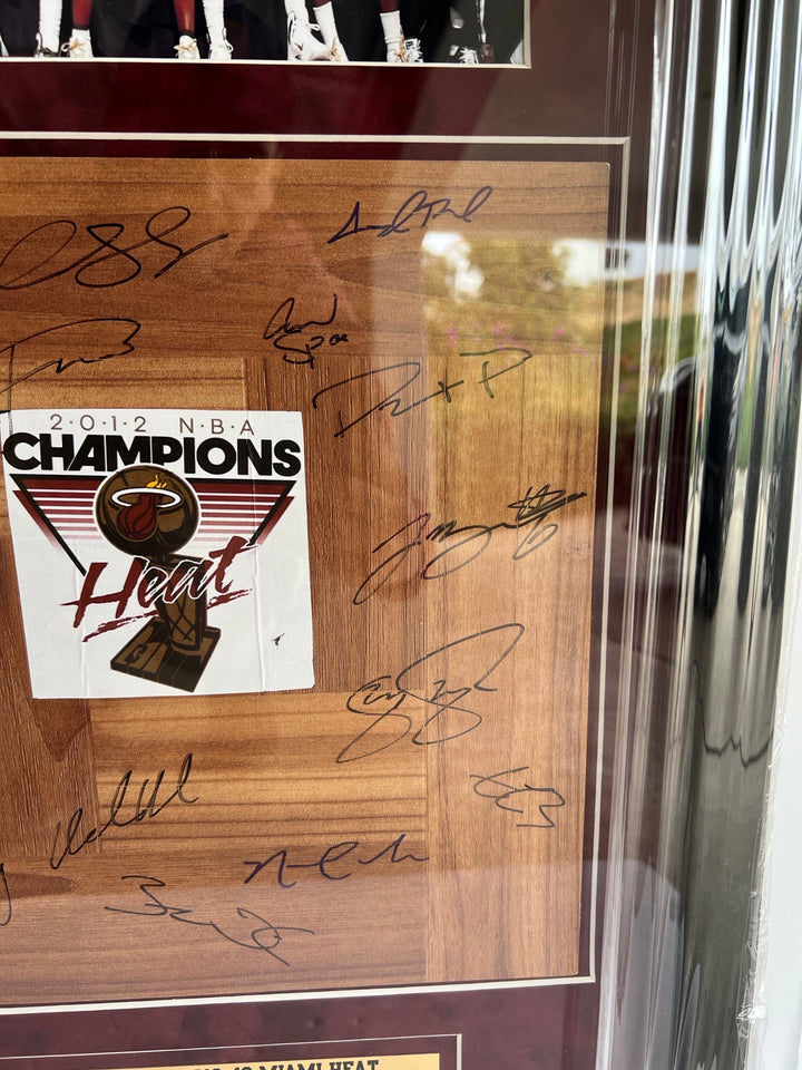 Miami Heat LeBron James, Dwyane Wade, Pat Riley, Erik Spoelstra NBA champions 2012-13 team parquet floorboard signed & framed 32x18 with proof