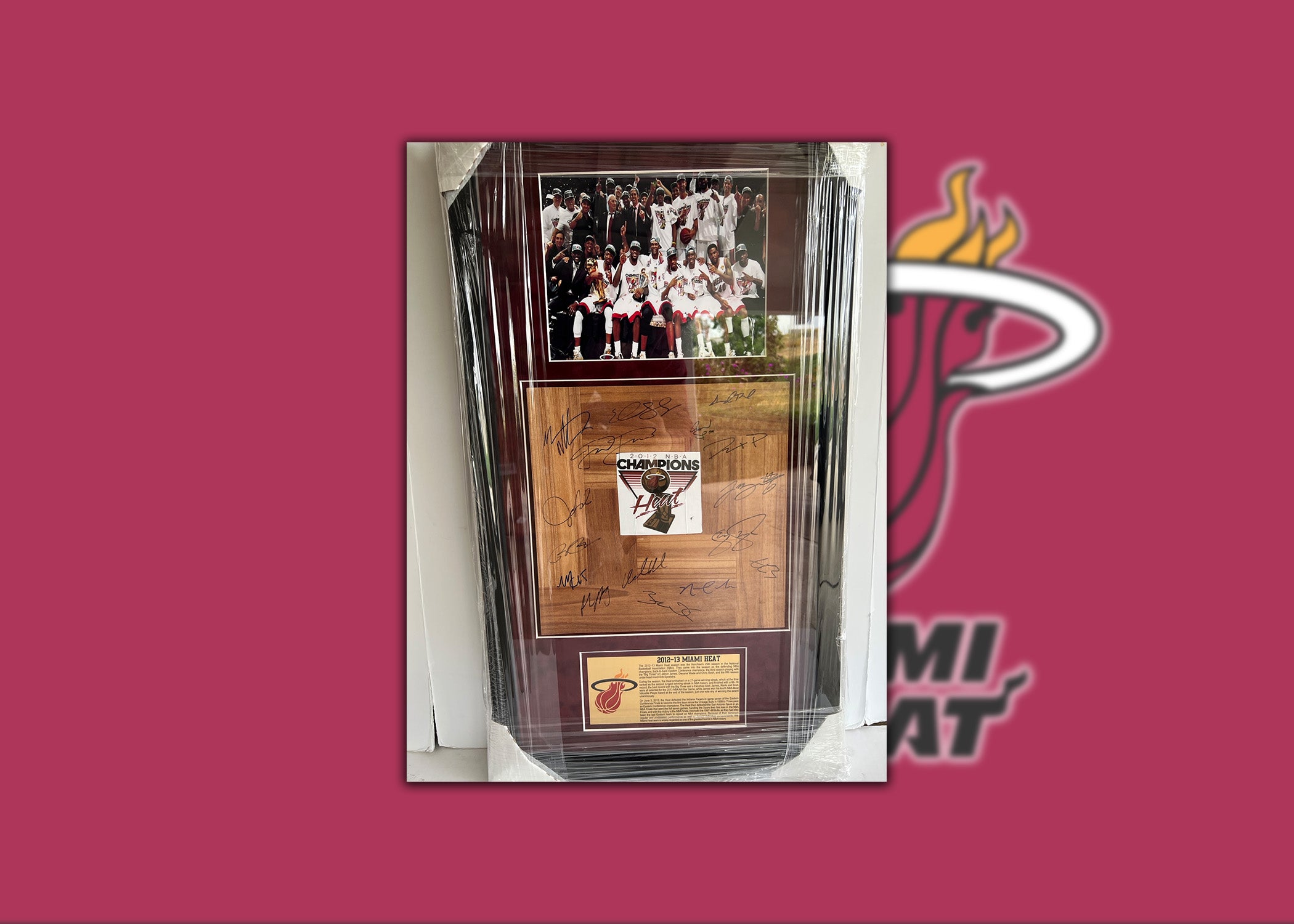 Miami Heat LeBron James, Dwyane Wade, Pat Riley, Erik Spoelstra NBA champions 2012-13 team parquet floorboard signed & framed 32x18 with proof