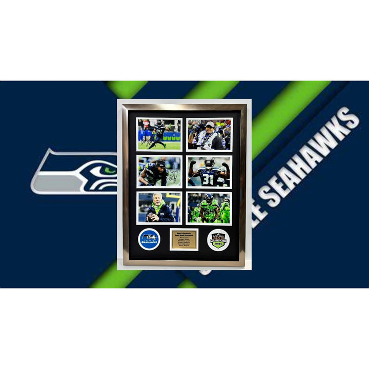 Marshawn Lync Russell Wilson Pete Carroll Seattle Seahawks Super Bowl Champions 5x7 photos in museum quality frame 22x28 signed with proof