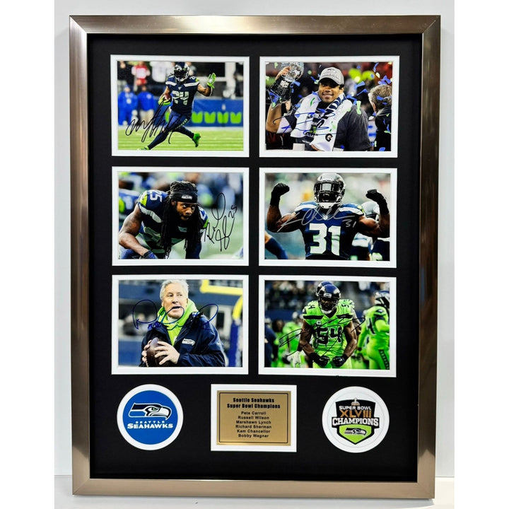 Marshawn Lync Russell Wilson Pete Carroll Seattle Seahawks Super Bowl Champions 5x7 photos in museum quality frame 22x28 signed with proof