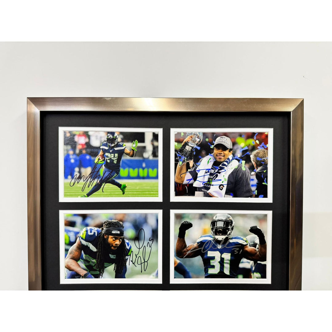 Marshawn Lync Russell Wilson Pete Carroll Seattle Seahawks Super Bowl Champions 5x7 photos in museum quality frame 22x28 signed with proof