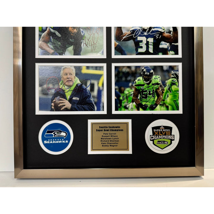 Marshawn Lync Russell Wilson Pete Carroll Seattle Seahawks Super Bowl Champions 5x7 photos in museum quality frame 22x28 signed with proof