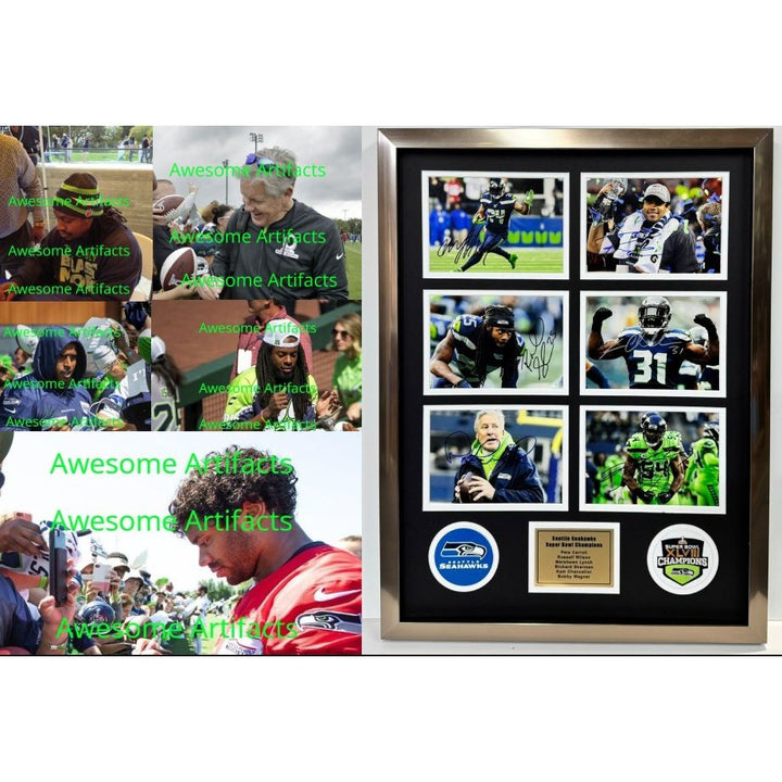 Marshawn Lync Russell Wilson Pete Carroll Seattle Seahawks Super Bowl Champions 5x7 photos in museum quality frame 22x28 signed with proof