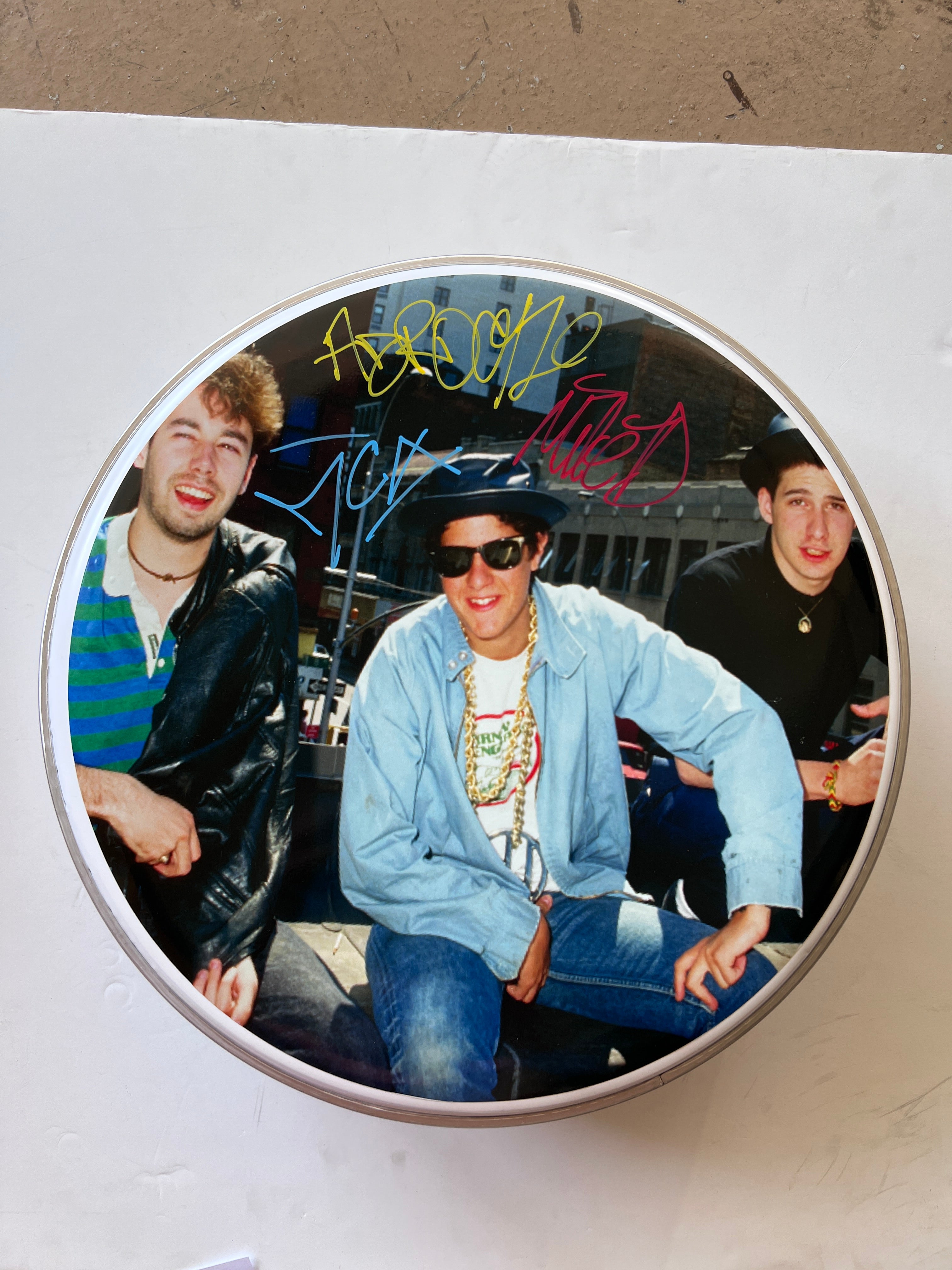 The Beastie Boys Michael Diamond "Mike D", Adam Horowitz "Ad Rock" and Adam Yauch 'MCA" drumhead one-of-a-kind drumhead signed with proof