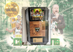 Milwaukee Bucks Giannis Antetokounmpo NBA champions 2020-2021 team parquet floorboard signed & framed 32x18 with proof