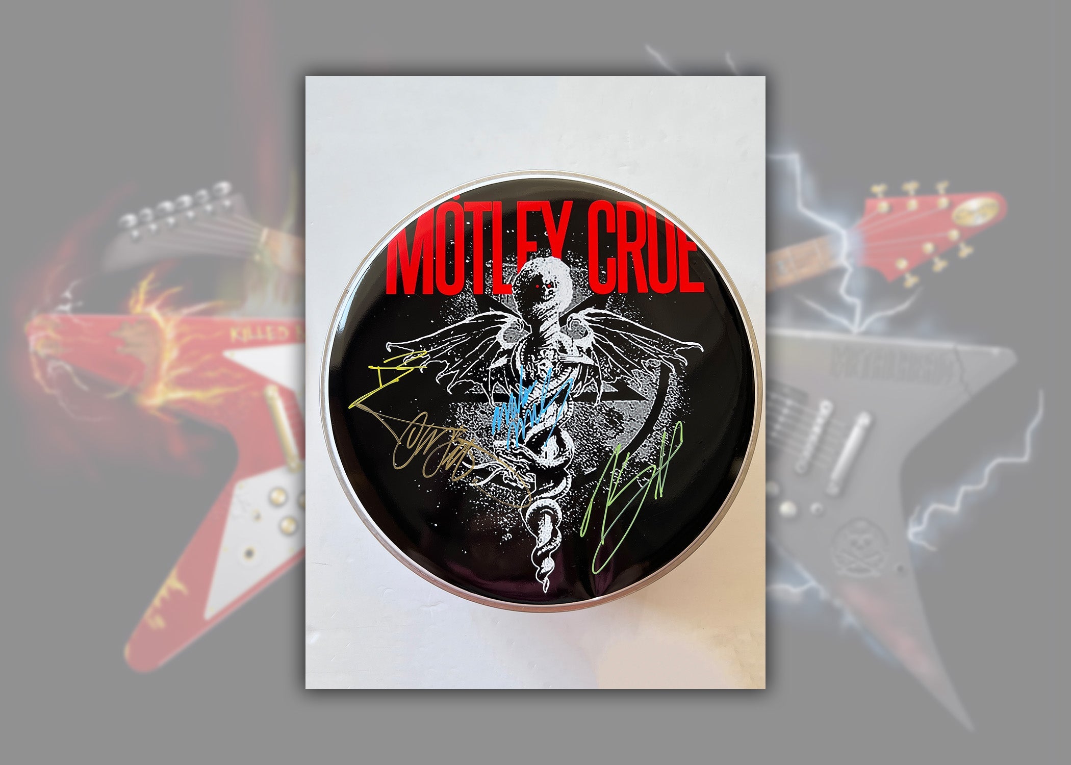 Mötley Crüe one-of-a-kind drumhead signed with proof