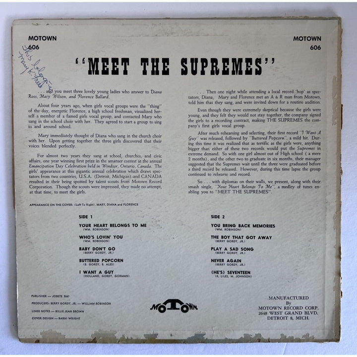 Diana Ross Mary Wilson Cindy Birdsong  Meet The Supremes original Motown LP signed with proof..