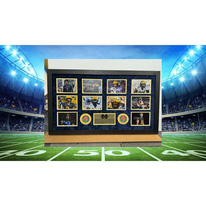 JJ McCarthy Jim Harbaugh Blake Coram Colston Loveland Mason Graham 2023 Michigan Wolverines national champions 43x23 photo signed with proof