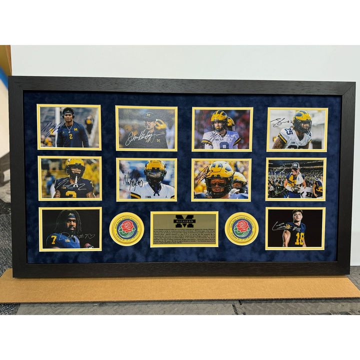 JJ McCarthy Jim Harbaugh Blake Coram Colston Loveland Mason Graham 2023 Michigan Wolverines national champions 43x23 photo signed with proof