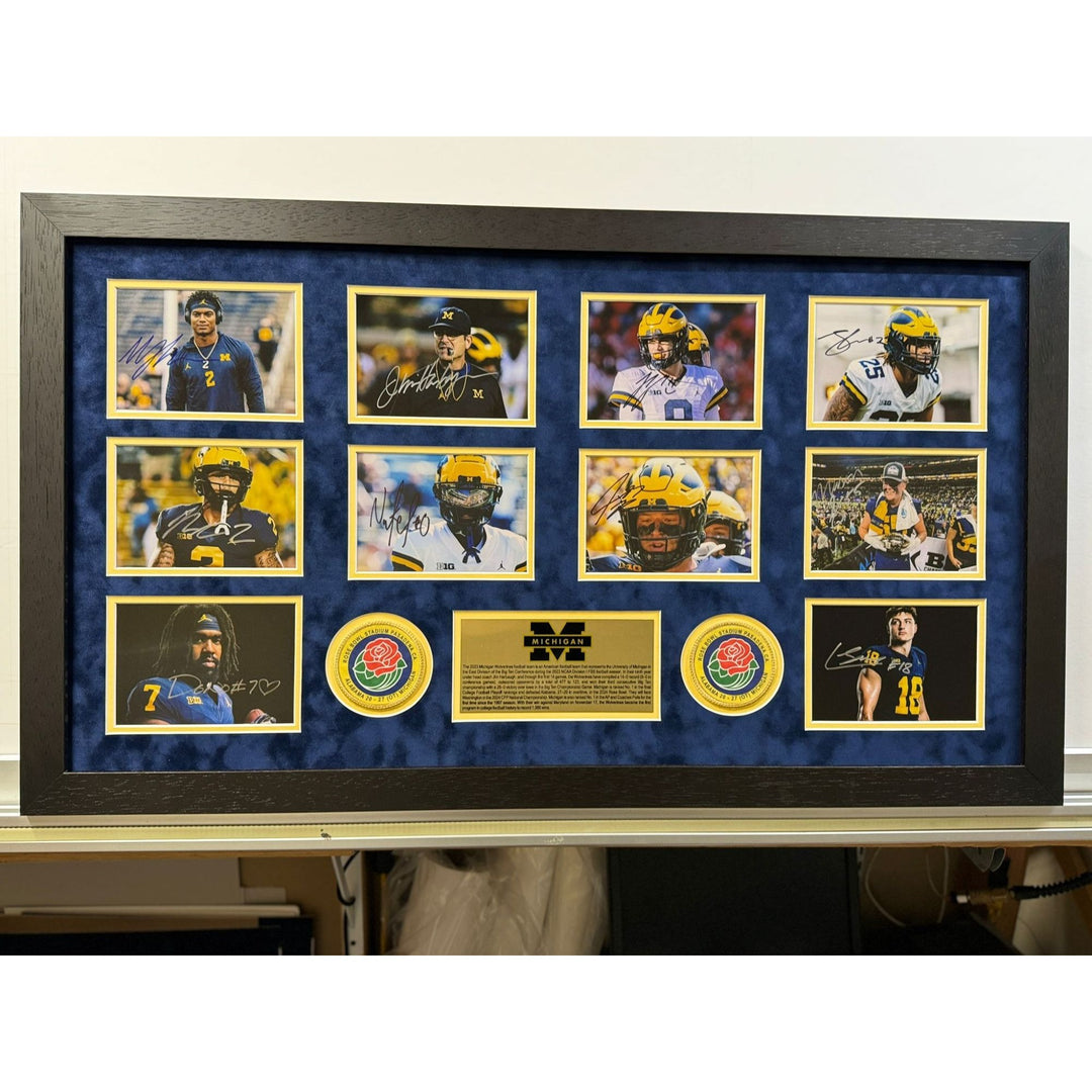 JJ McCarthy Jim Harbaugh Blake Coram Colston Loveland Mason Graham 2023 Michigan Wolverines national champions 43x23 photo signed with proof