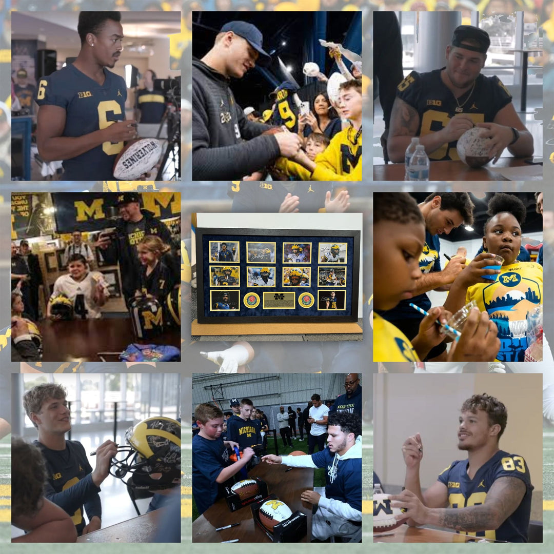 JJ McCarthy Jim Harbaugh Blake Coram Colston Loveland Mason Graham 2023 Michigan Wolverines national champions 43x23 photo signed with proof