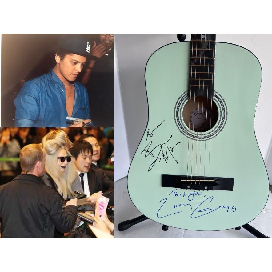 Bruno Mars and Lady Gaga acoustic guitar signed with proof