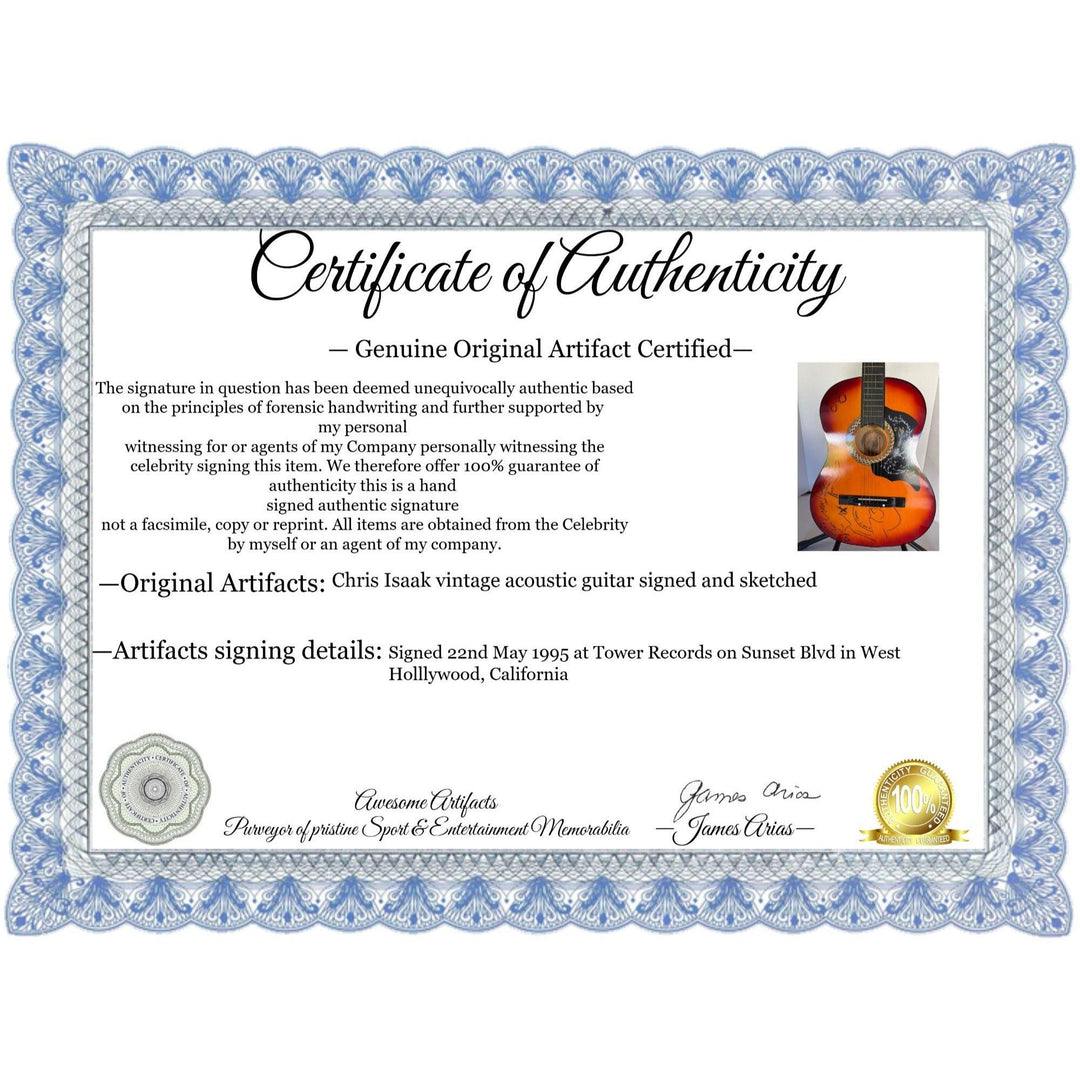 Chris Isaak vintage acoustic guitar signed and hand sketched with proof