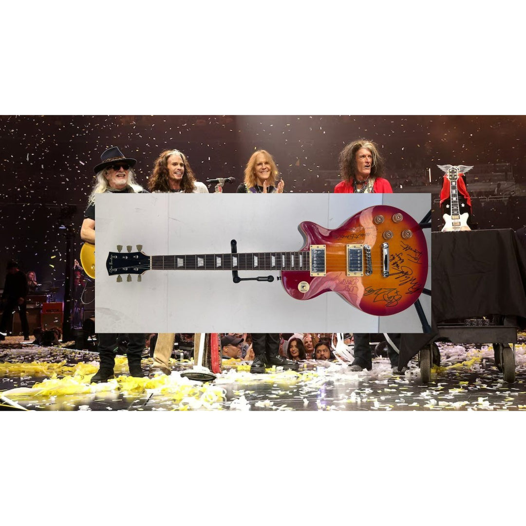 Aerosmith Steven Tyler , Joe Perry, Brad Whitford, Joey Kramer, Tom Hamilton vintage les paul full size electric signed with proof.