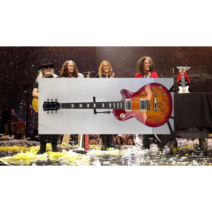 Aerosmith Steven Tyler , Joe Perry, Brad Whitford, Joey Kramer, Tom Hamilton vintage les paul full size electric signed with proof