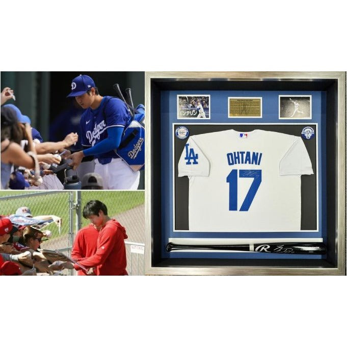 Shohei Ohtani game model Los Angeles Dodgers jersey and MLB bat signed with proof Museum quality frame 40x40x5