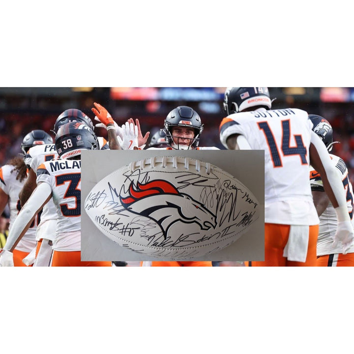 Denver Broncos 2025 team signed full size logo football with proof