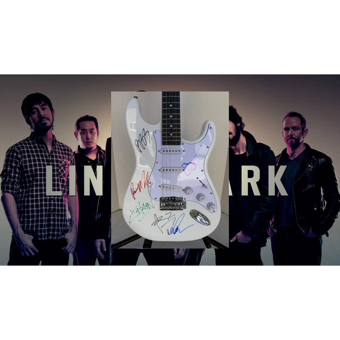 Linkin Park Chester Bennington Mike Shinoda Rob Bourdon Joe Hahn Brad Delson Dave Farrell White Electric Stratocaster signed with proof.