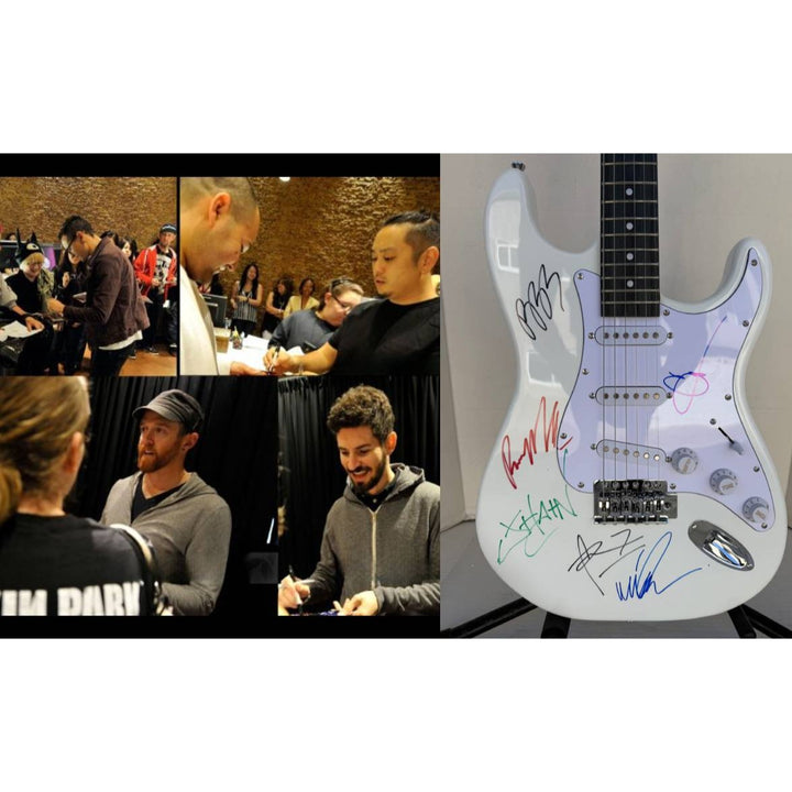 Linkin Park Chester Bennington Mike Shinoda Rob Bourdon Joe Hahn Brad Delson Dave Farrell White Electric Stratocaster signed with proof.