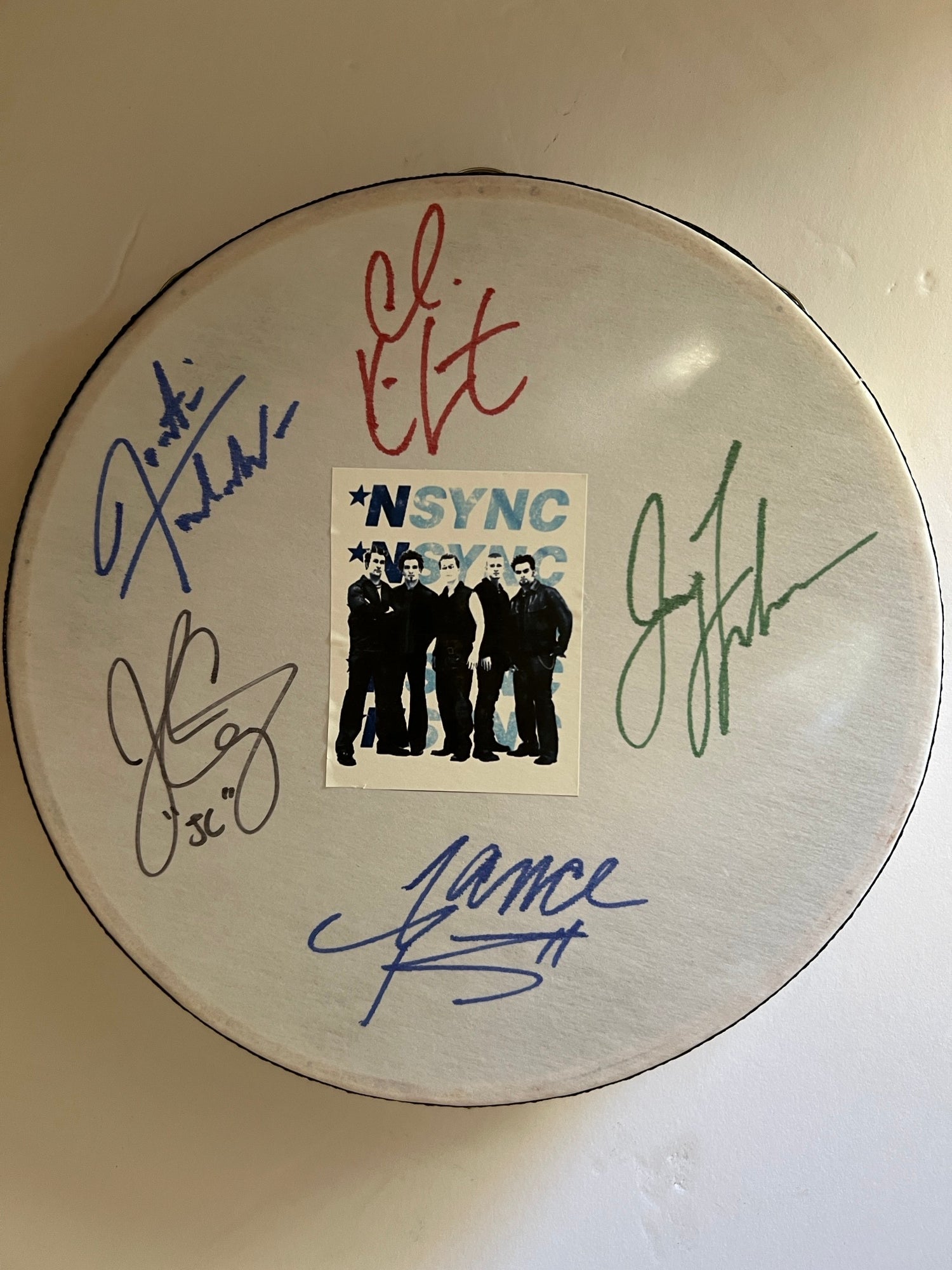 Justin Timberlake, Chris Kirkpatrick, Joey Fatone, Lance Bass and JC Chasez NSYNC 14-in tambourine signed with proof