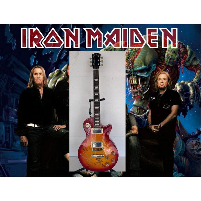 Iron Maiden Bruce Dickinson Steve Harris Adrian Smith Dave Murray Neko McBrain Janick Gers vintage cherry les paul signed with proof