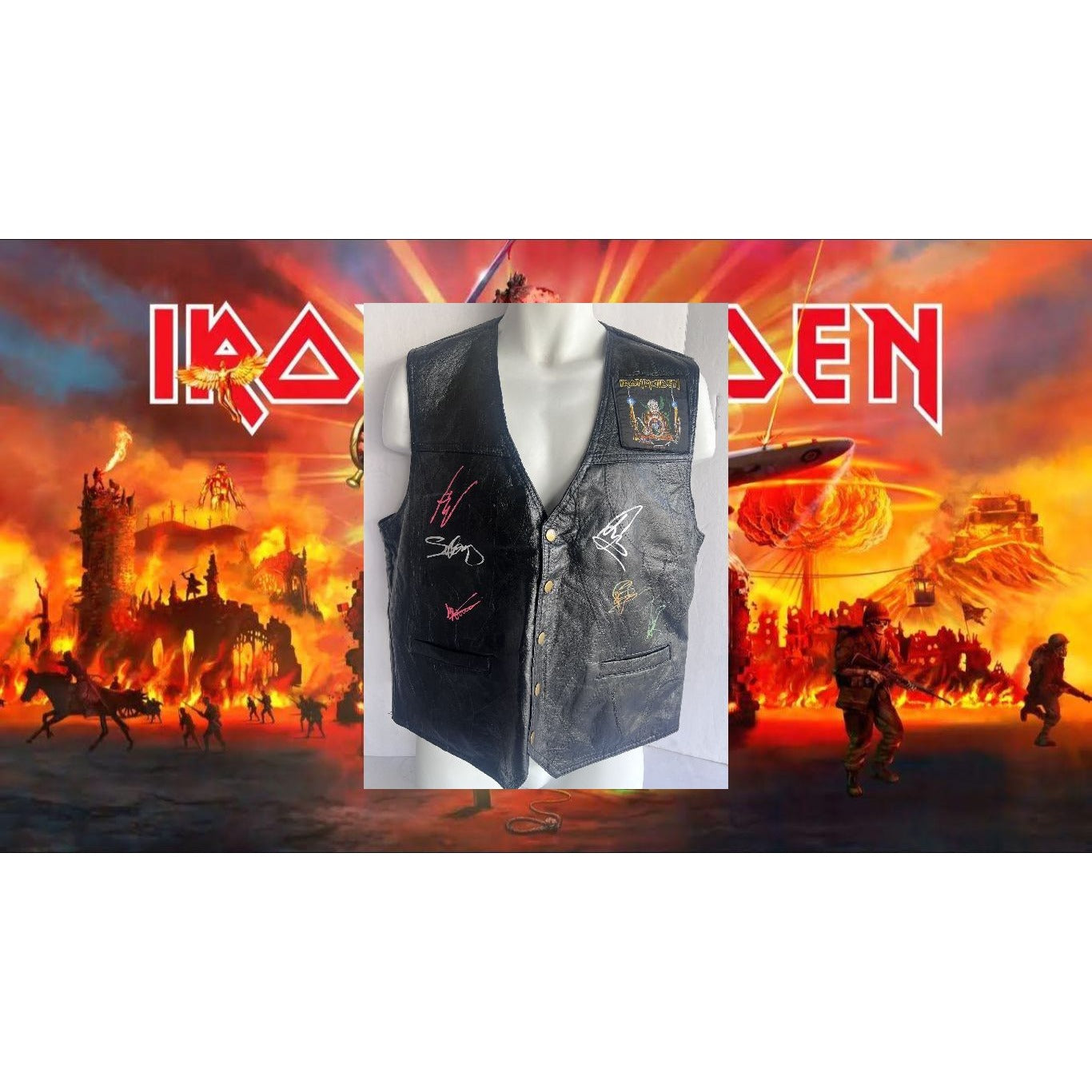 Iron Maiden Bruce Dickinson Steve Harris Niko McBain size large vest signed with proof