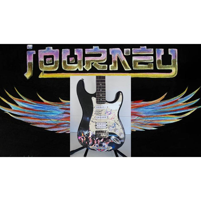 Neal Schon,  Ross Valory,  Jonathan Cain, Greg Rowley Steve Perry Journey band signed electric guitar with proof
