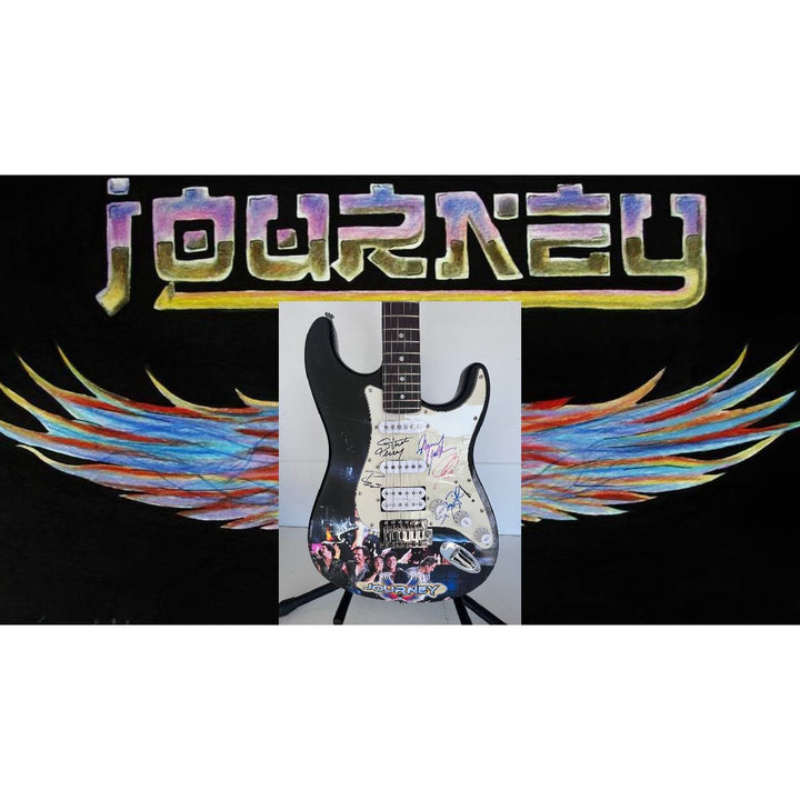 Neal Schon,  Ross Valory,  Jonathan Cain, Greg Rowley Steve Perry Journey band signed electric guitar with proof.