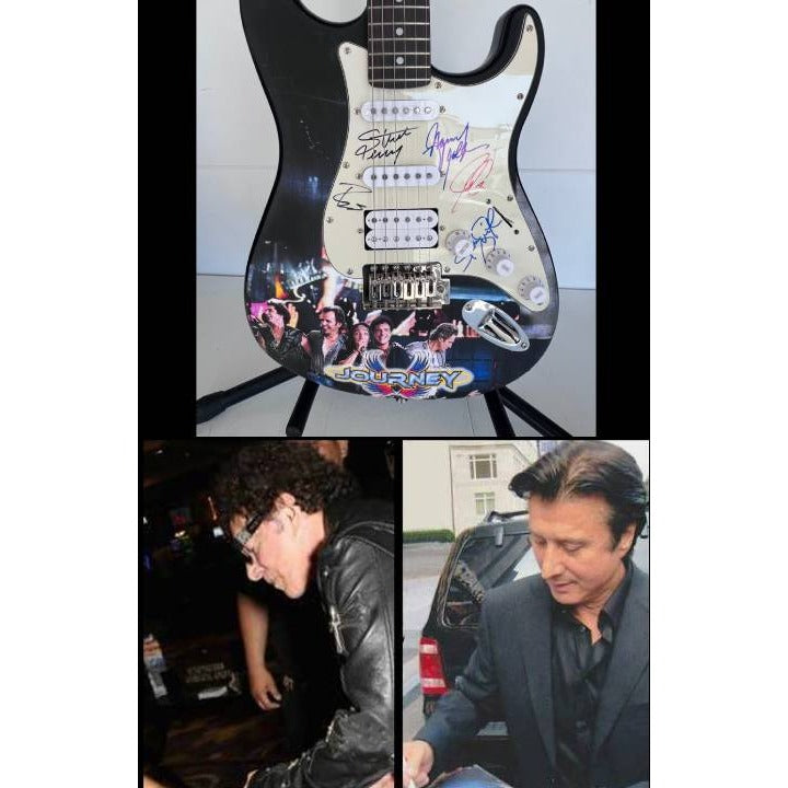 Neal Schon,  Ross Valory,  Jonathan Cain, Greg Rowley Steve Perry Journey band signed electric guitar with proof.