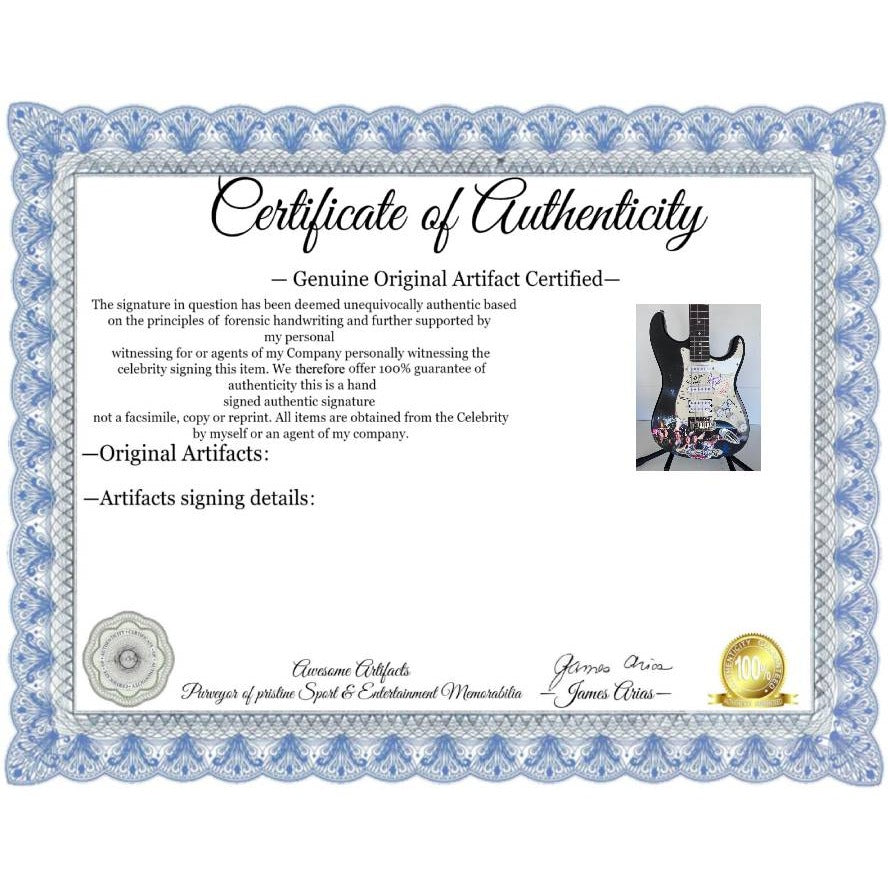 Neal Schon,  Ross Valory,  Jonathan Cain, Greg Rowley Steve Perry Journey band signed electric guitar with proof.