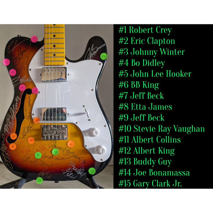 Blues legends vintage electric guitar 13 in all Stevie Ray Vaughan, BB King, Eric Clapton, Chuck Berry, Jeff Beck signed with proof