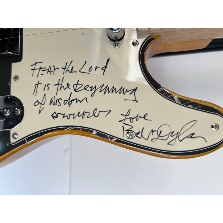 Bob Dylan signed with inscription   one of a kind full size electric guitar signed with proof.
