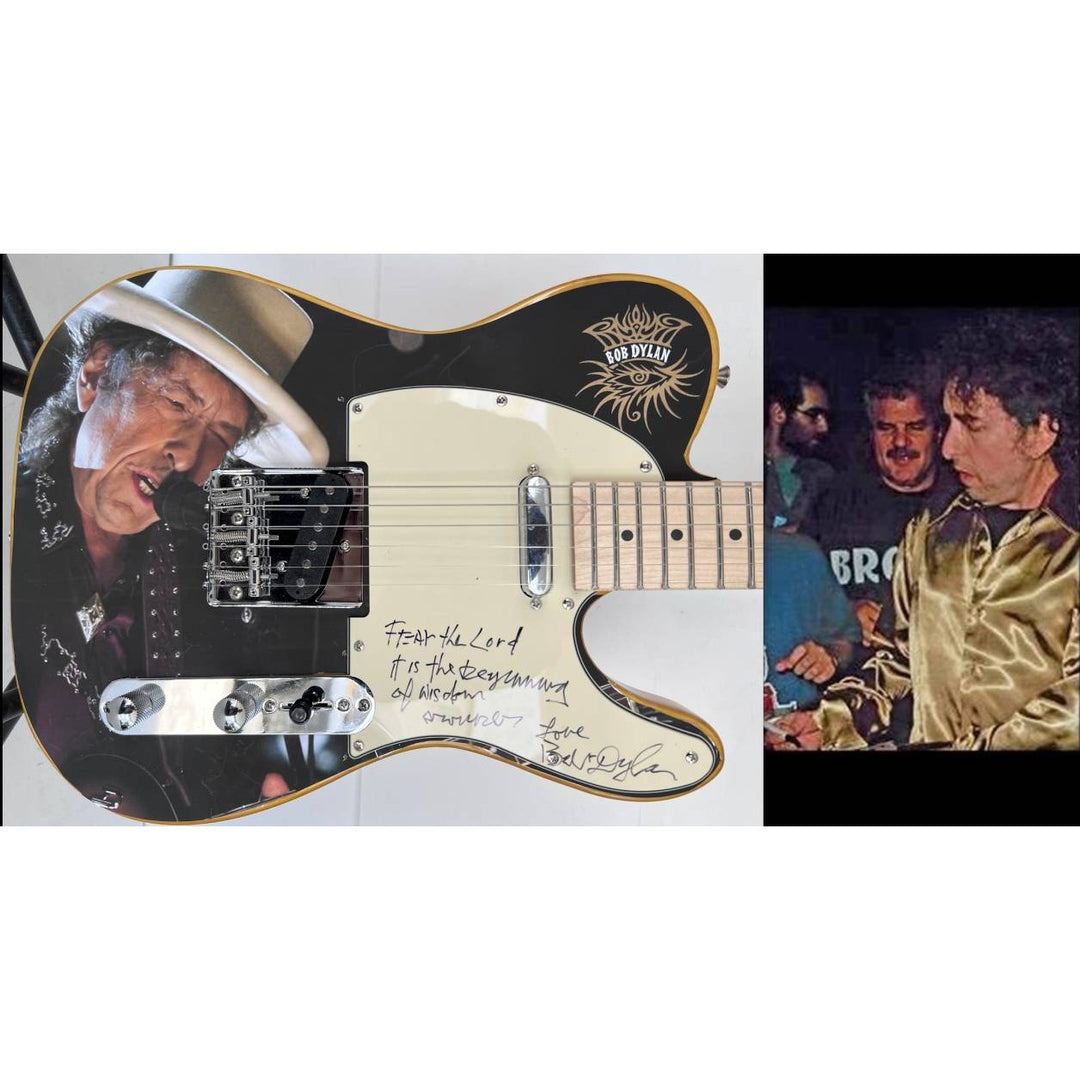 Bob Dylan signed with inscription   one of a kind full size electric guitar signed with proof.