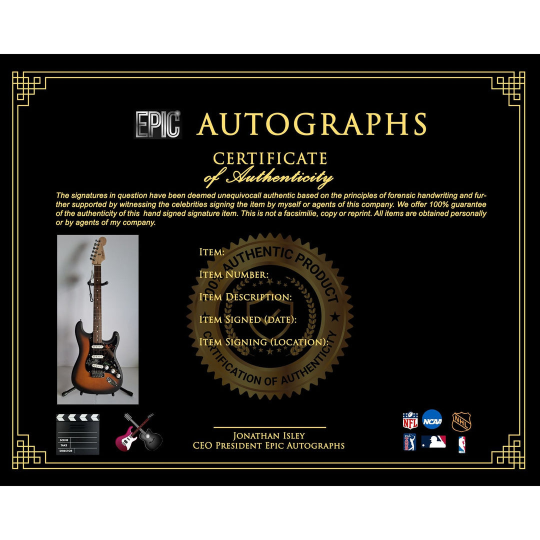 Michael Hutchence, Garry Gary Beers,  Jon, Andrew, Tim Farriss, INXS, Fender Stratocaster electric guitar signed with proof