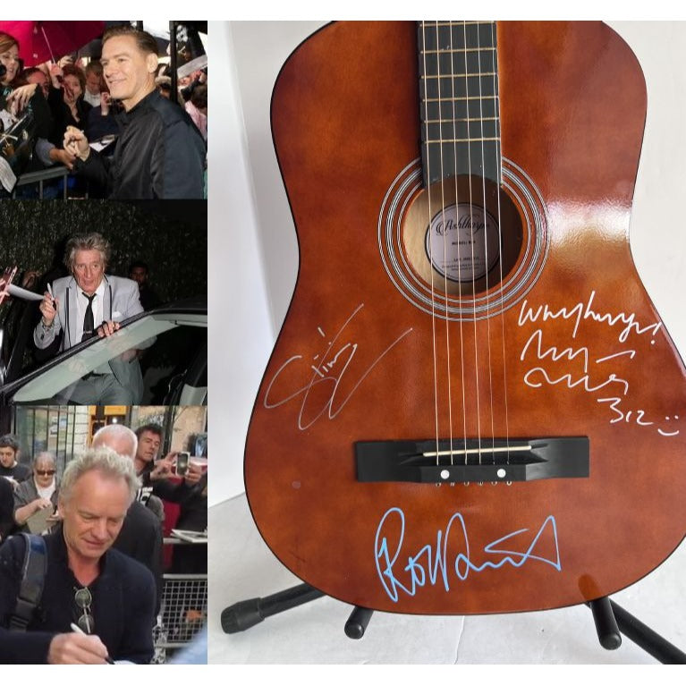 Sting Gordon Sumner, Bryan Adams and Rod Stewart 38" full size acoustic guitar signed with proof