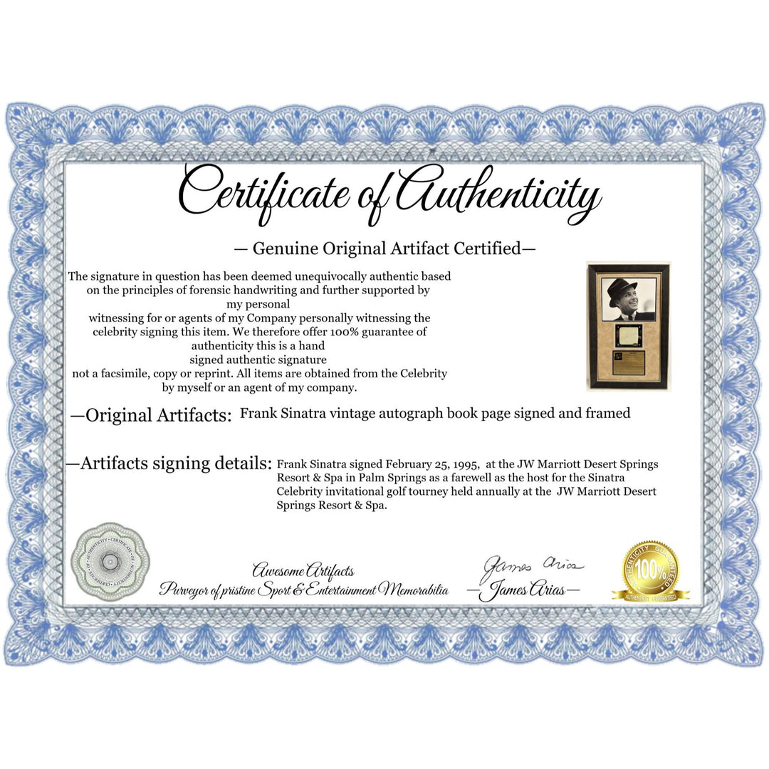 Frank Sinatra vintage autograph book page signed with proof and museum quality frame 