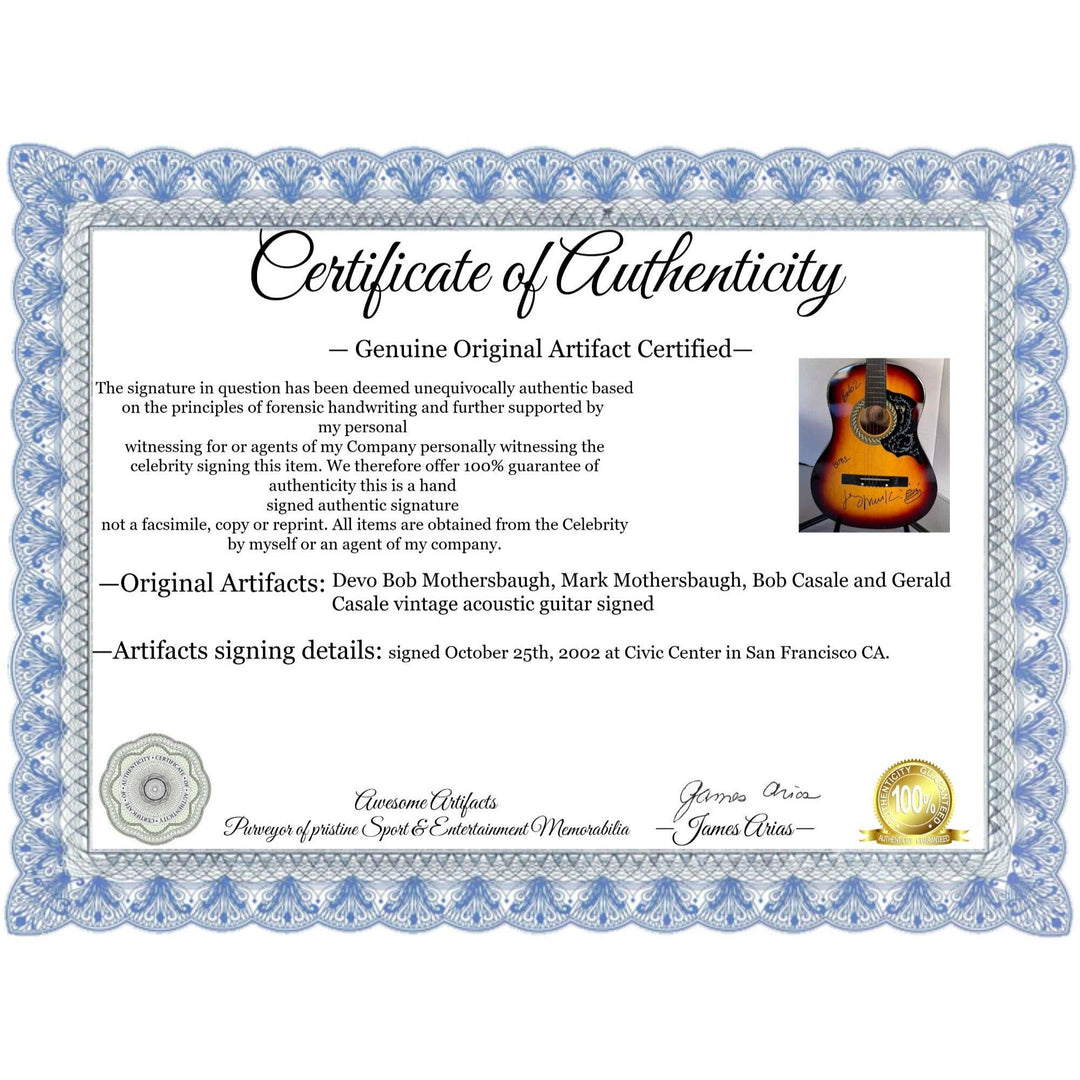 Devo Bob Mothersbaugh, Mark Mothersbaugh, Bob Casale and Gerald Casale vintage acoustic guitar signed
