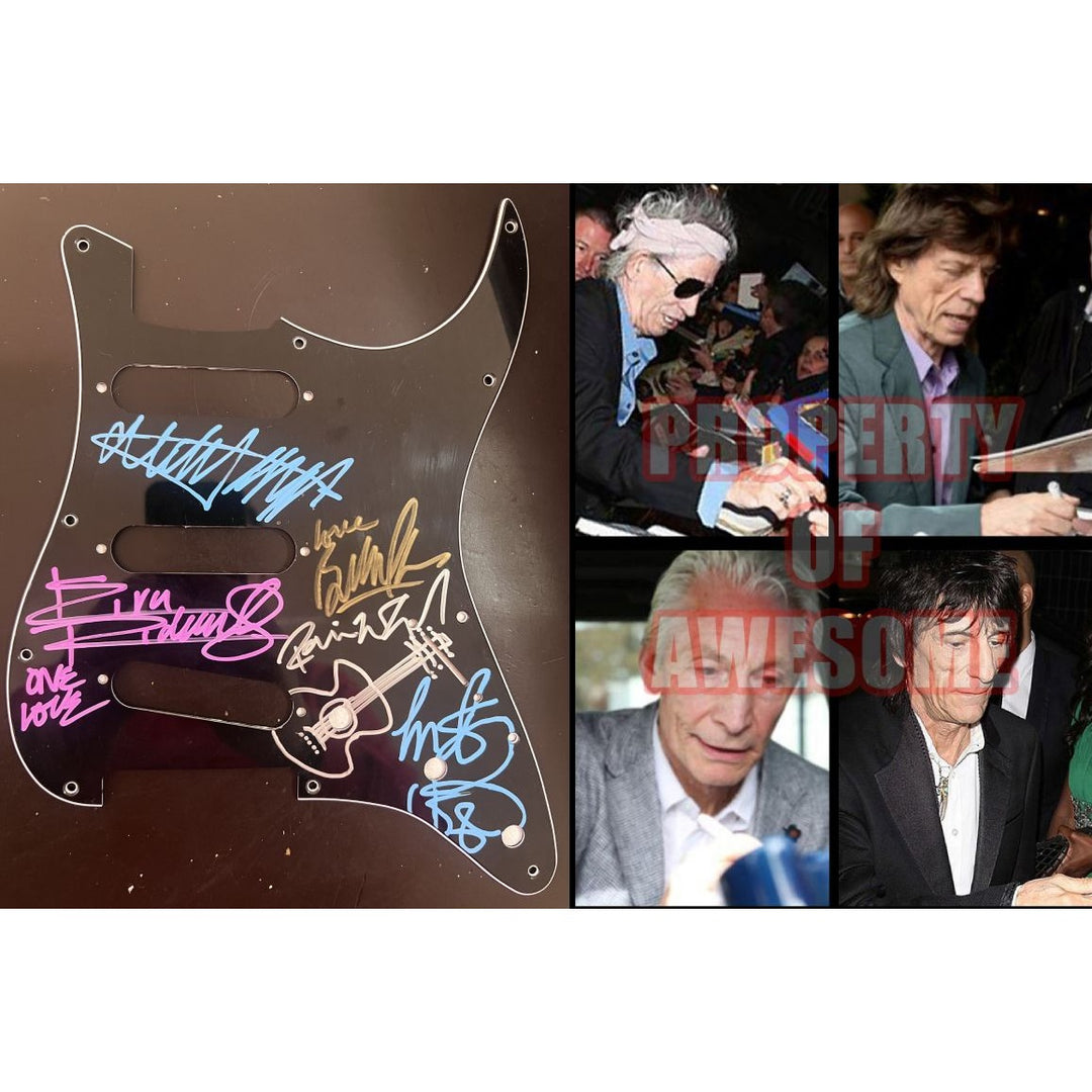 Bill Wyman, Ronnie Wood, Keith Richards, Mick Jagger, Charlie Watts The Rolling Stones  Stratocaster guitar pickguard signed with proof