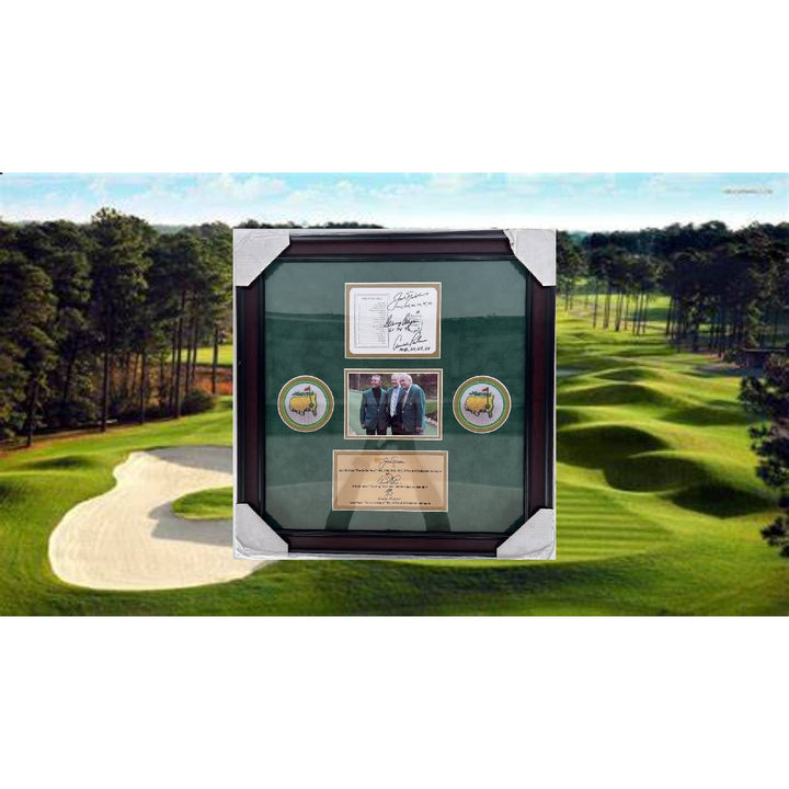 Jack Nichlaus Arnold Palmer Gary Player Masters golf tourney official score card signed with proof and museum quality frame.