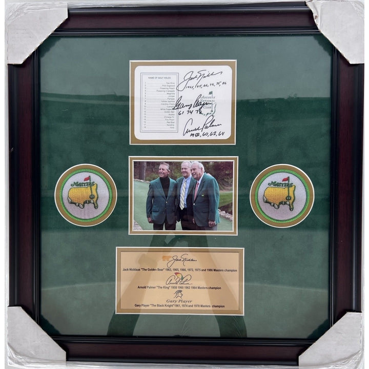 Jack Nichlaus Arnold Palmer Gary Player Masters golf tourney official score card signed with proof and museum quality frame.