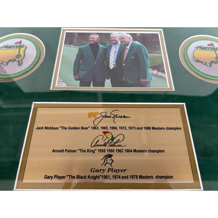 Jack Nichlaus Arnold Palmer Gary Player Masters golf tourney official score card signed with proof and museum quality frame.