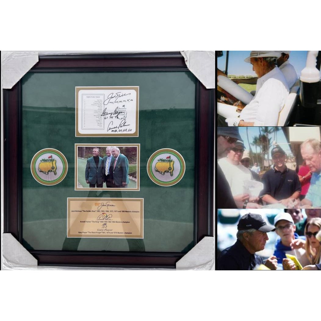 Jack Nichlaus Arnold Palmer Gary Player Masters golf tourney official score card signed with proof and museum quality frame.